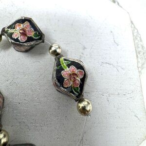 Vintage Cloisonné Floral Beads With Black Enamel & Pink Flower Handcrafted Desig